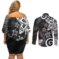 Polynesia Couples Matching Off Shoulder Short Dress and Long Sleeve Button Shirt Black Tribal Turtle Floral Pattern