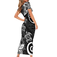 Polynesia Short Sleeve Bodycon Dress Black Tribal Turtle Floral Pattern LT05 - Polynesian Pride