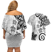 Polynesia Couples Matching Off Shoulder Short Dress and Hawaiian Shirt White Tribal Turtle Floral Pattern