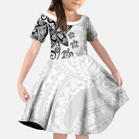 Polynesia Family Matching Short Sleeve Bodycon Dress and Hawaiian Shirt White Tribal Turtle Floral Pattern LT05 Daughter's Dress White - Polynesian Pride