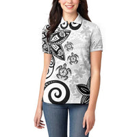 Polynesia Women Polo Shirt White Tribal Turtle Floral Pattern