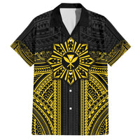 Hawaii And Philippines Together Family Matching Off The Shoulder Long Sleeve Dress and Hawaiian Shirt Polynesian Pattern With Filipino Barong Gold