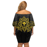 Hawaii And Philippines Together Off Shoulder Short Dress Polynesian Pattern With Filipino Barong Gold