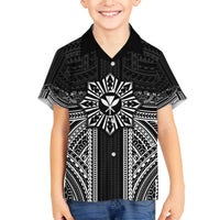 Hawaii And Philippines Together Family Matching Off The Shoulder Long Sleeve Dress and Hawaiian Shirt Polynesian Pattern With Filipino Barong Black