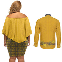 Tonga Anastasis College Couples Matching Off Shoulder Short Dress and Long Sleeve Button Shirt Tongan Ngatu Kupesi Pattern LT05 - Polynesian Pride