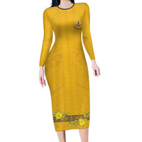 Tonga Anastasis College Long Sleeve Bodycon Dress Tongan Ngatu Kupesi Pattern LT05 Long Dress Yellow - Polynesian Pride