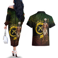 Personalised Vanuatu Custom Chiefs Day Couples Matching Off The Shoulder Long Sleeve Dress and Hawaiian Shirt Pig Tusk Simple Style LT05 - Polynesian Pride