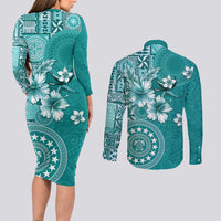 Cook Islands Couples Matching Long Sleeve Bodycon Dress and Long Sleeve Button Shirt Teal Hibiscus And Stars LT05 - Polynesian Pride