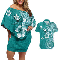 Cook Islands Couples Matching Off Shoulder Short Dress and Hawaiian Shirt Teal Hibiscus And Stars LT05 Teal - Polynesian Pride