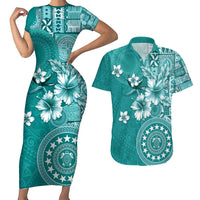 Cook Islands Couples Matching Short Sleeve Bodycon Dress and Hawaiian Shirt Teal Hibiscus And Stars LT05 Teal - Polynesian Pride