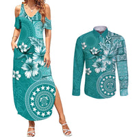 Cook Islands Couples Matching Summer Maxi Dress and Long Sleeve Button Shirt Teal Hibiscus And Stars LT05 Teal - Polynesian Pride