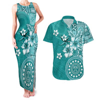 Cook Islands Couples Matching Tank Maxi Dress and Hawaiian Shirt Teal Hibiscus And Stars LT05 Teal - Polynesian Pride