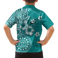 Cook Islands Family Matching Long Sleeve Bodycon Dress and Hawaiian Shirt Teal Hibiscus And Stars LT05 - Polynesian Pride