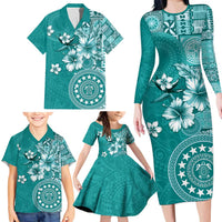 Cook Islands Family Matching Long Sleeve Bodycon Dress and Hawaiian Shirt Teal Hibiscus And Stars LT05 - Polynesian Pride