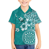 Cook Islands Family Matching Long Sleeve Bodycon Dress and Hawaiian Shirt Teal Hibiscus And Stars LT05 Son's Shirt Teal - Polynesian Pride