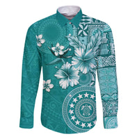Cook Islands Family Matching Off The Shoulder Long Sleeve Dress and Hawaiian Shirt Teal Hibiscus And Stars