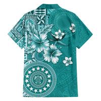 Cook Islands Family Matching Short Sleeve Bodycon Dress and Hawaiian Shirt Teal Hibiscus And Stars LT05 - Polynesian Pride