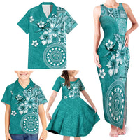 Cook Islands Family Matching Tank Maxi Dress and Hawaiian Shirt Teal Hibiscus And Stars LT05 - Polynesian Pride