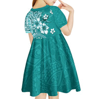 Cook Islands Kid Short Sleeve Dress Teal Hibiscus And Stars