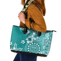Cook Islands Leather Tote Bag Teal Hibiscus And Stars LT05 Teal - Polynesian Pride