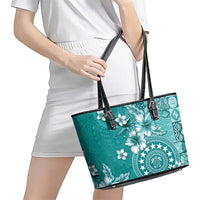 Cook Islands Leather Tote Bag Teal Hibiscus And Stars LT05 - Polynesian Pride