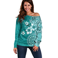 Cook Islands Off Shoulder Sweater Teal Hibiscus And Stars LT05 Women Teal - Polynesian Pride