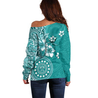Cook Islands Off Shoulder Sweater Teal Hibiscus And Stars LT05 - Polynesian Pride