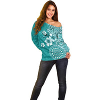 Cook Islands Off Shoulder Sweater Teal Hibiscus And Stars LT05 - Polynesian Pride
