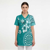 Cook Islands Scrub Top Teal Hibiscus And Stars - Polynesian Pride