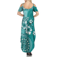 Cook Islands Summer Maxi Dress Teal Hibiscus And Stars