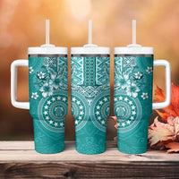 Cook Islands Tumbler With Handle Teal Hibiscus And Stars LT05 - Polynesian Pride