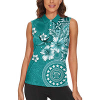 Cook Islands Women Sleeveless Polo Shirt Teal Hibiscus And Stars LT05 - Polynesian Pride
