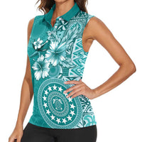 Cook Islands Women Sleeveless Polo Shirt Teal Hibiscus And Stars LT05 - Polynesian Pride