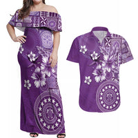 Cook Islands Couples Matching Off Shoulder Maxi Dress and Hawaiian Shirt Purple Hibiscus And Stars LT05 Purple - Polynesian Pride