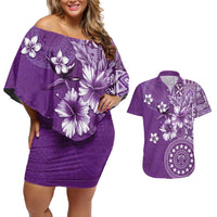 Cook Islands Couples Matching Off Shoulder Short Dress and Hawaiian Shirt Purple Hibiscus And Stars LT05 Purple - Polynesian Pride