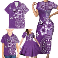 Cook Islands Family Matching Short Sleeve Bodycon Dress and Hawaiian Shirt Purple Hibiscus And Stars LT05 - Polynesian Pride