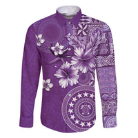 Cook Islands Family Matching Tank Maxi Dress and Hawaiian Shirt Purple Hibiscus And Stars LT05 Dad's Shirt - Long Sleeve Purple - Polynesian Pride