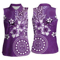 Cook Islands Women Sleeveless Polo Shirt Purple Hibiscus And Stars LT05 - Polynesian Pride