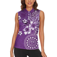 Cook Islands Women Sleeveless Polo Shirt Purple Hibiscus And Stars LT05 - Polynesian Pride