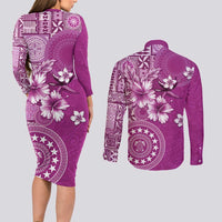Cook Islands Couples Matching Long Sleeve Bodycon Dress and Long Sleeve Button Shirt Fandango Hibiscus And Stars LT05 - Polynesian Pride