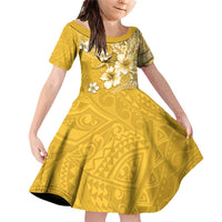 Cook Islands Family Matching Off Shoulder Short Dress and Hawaiian Shirt Yellow Hibiscus And Stars LT05 Daughter's Dress Yellow - Polynesian Pride