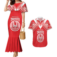 Custom Tahiti Football Couples Matching Mermaid Dress and Hawaiian Shirt Coat Of Arms Polynesian Tribal Pattern LT05 Red - Polynesian Pride