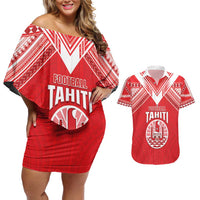 Custom Tahiti Football Couples Matching Off Shoulder Short Dress and Hawaiian Shirt Coat Of Arms Polynesian Tribal Pattern LT05 Red - Polynesian Pride