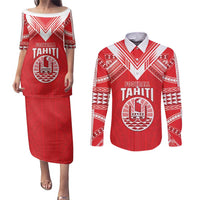 Custom Tahiti Football Couples Matching Puletasi and Long Sleeve Button Shirt Coat Of Arms Polynesian Tribal Pattern LT05 Red - Polynesian Pride