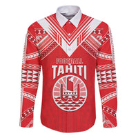 Custom Tahiti Football Family Matching Puletasi and Hawaiian Shirt Coat Of Arms Polynesian Tribal Pattern LT05 Dad's Shirt - Long Sleeve Red - Polynesian Pride