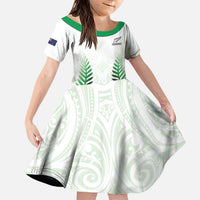 Custom New Zealand Fern Football Family Matching Puletasi and Hawaiian Shirt Simple Style LT05 Daughter's Dress White - Polynesian Pride