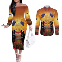 ANZAC Day Couples Matching Off The Shoulder Long Sleeve Dress and Long Sleeve Button Shirt Remembrance Tribute Soldiers And Poppy Field