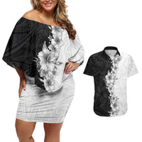 Hawaii Hibiscus Flowers Couples Matching Off Shoulder Short Dress and Hawaiian Shirt Grayscale Polynesian Pattern