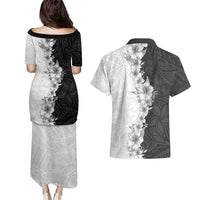 Hawaii Hibiscus Flowers Couples Matching Puletasi and Hawaiian Shirt Grayscale Polynesian Pattern