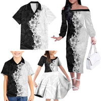 Hawaii Hibiscus Flowers Family Matching Off The Shoulder Long Sleeve Dress and Hawaiian Shirt Grayscale Polynesian Pattern LT05 - Polynesian Pride